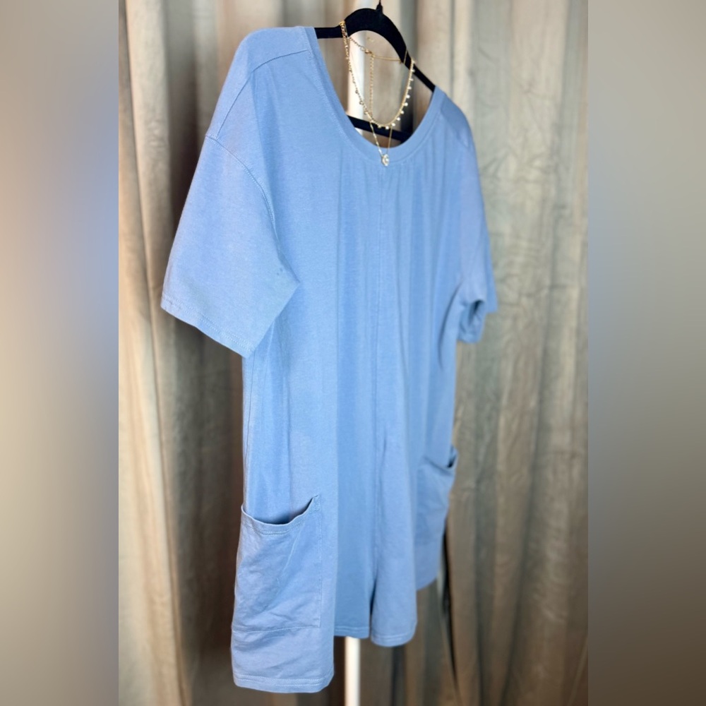 Blue Short Sleeve Romper with Pockets